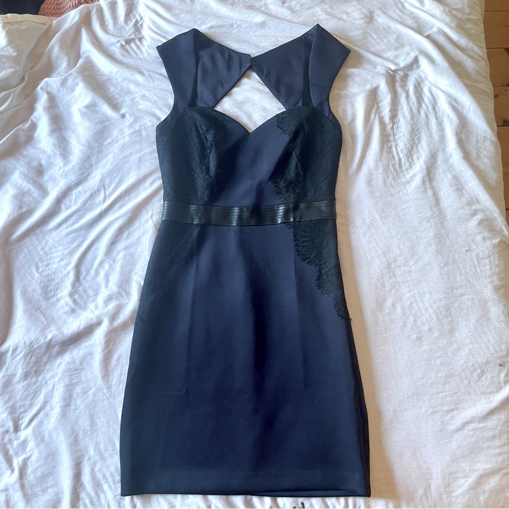 Guess Navy Blue Bodycon Dress With Black Lace and Faux Leather Detailing